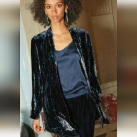 Eileen Fisher Midnight Blue Black Velvet Open Front Shawl Collar Jacket - Sz XL - Picture 2 of 13